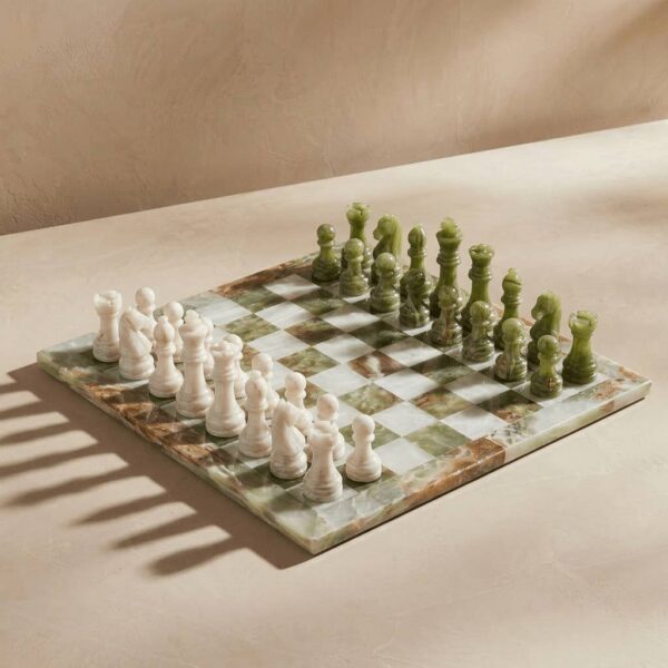 Marble Chess Set with Storage Case - Green Onyx and White