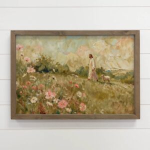 faire_b3_09 Lamb Following Jesus Wildflowers - Cottage Living Room Art